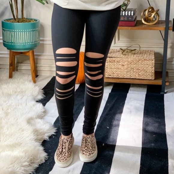 Women's BLACK DISTRESSED LEGGINGS - Picture 1 of 4
